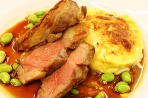 Image of lamb with swede (or turnip?) gratin and broad beans